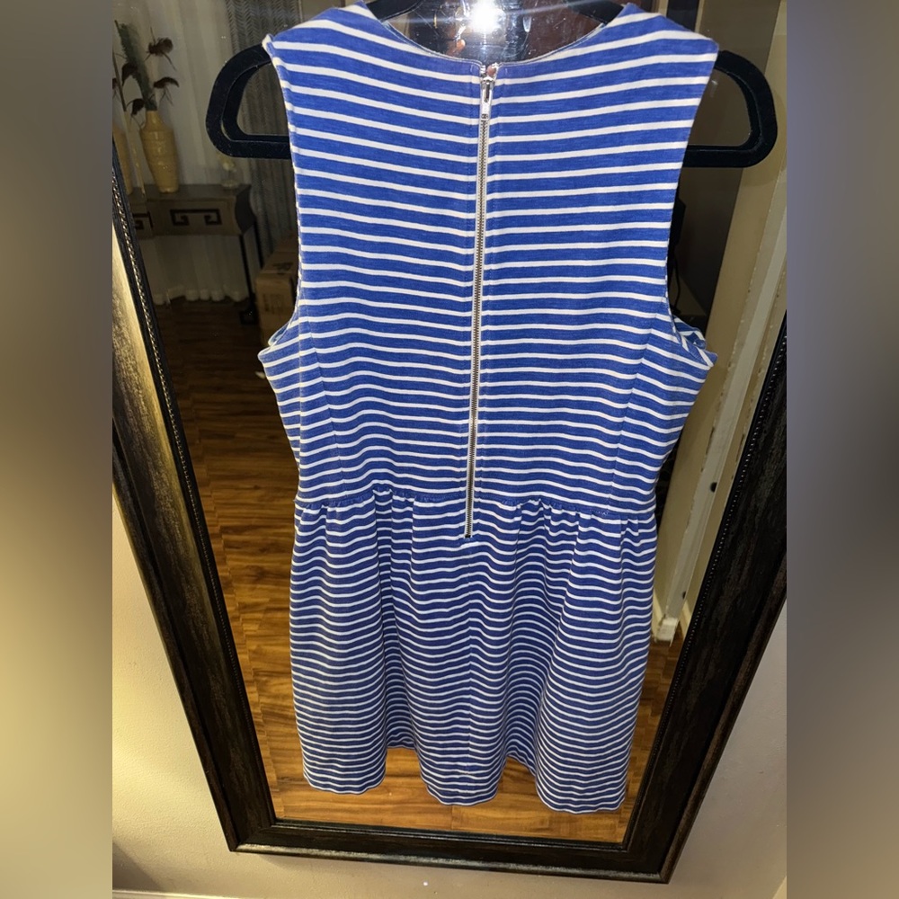J. CREW FACTORY Striped Pleated Zip Back Ponte Dress in Bright Grotto Stripe - Picture 8 of 9